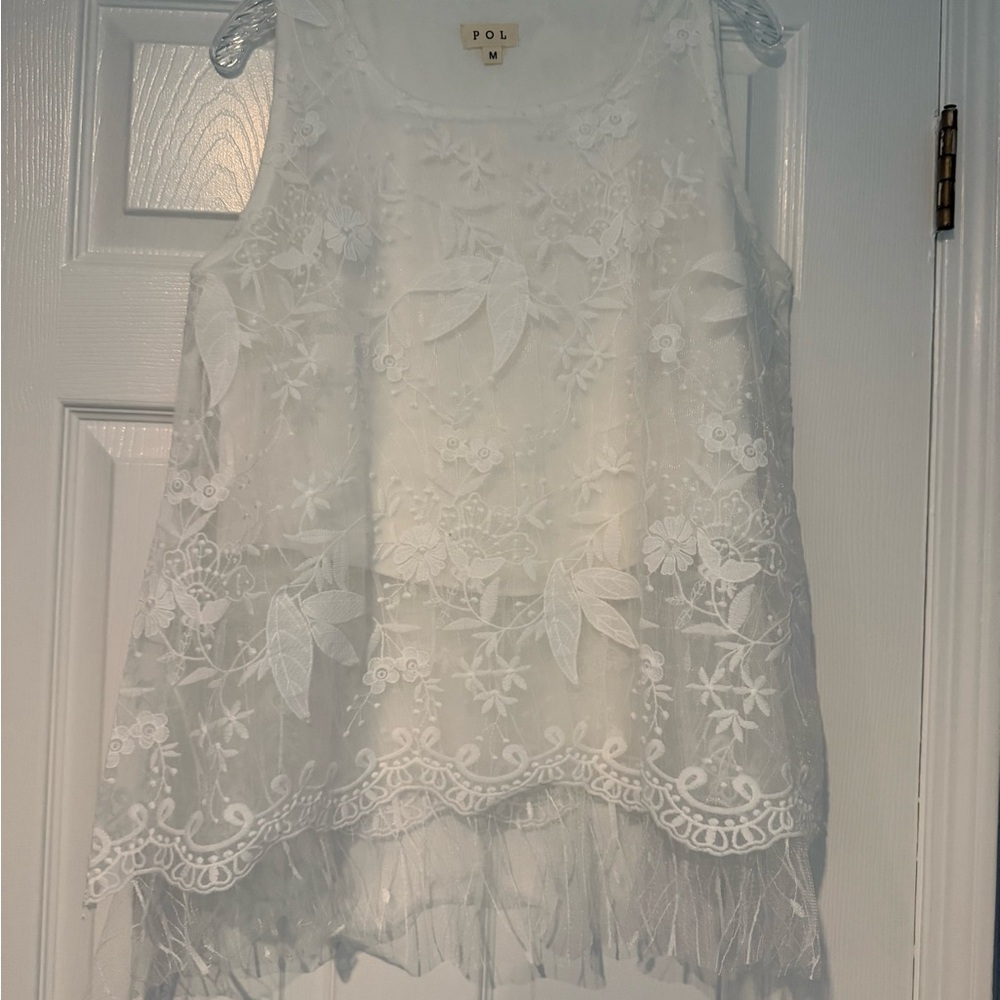 * SOLD*.  POL Floral Lace Overlay Top in White